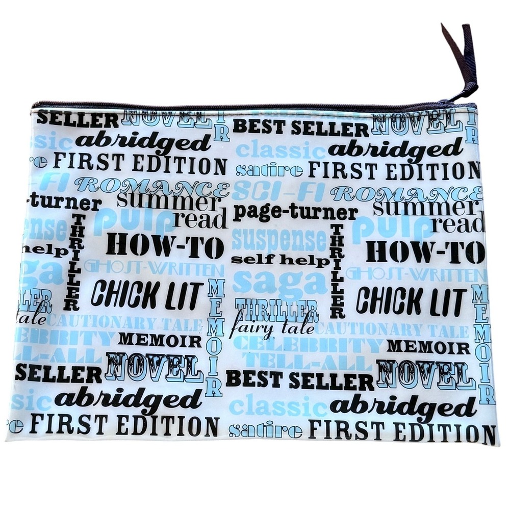 Book Lover Literary Print Zipper Pouch Blue Black White 9.5x7.25 Small